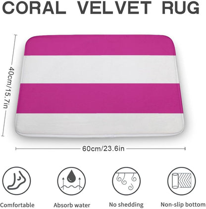 Bright Pink and White Simple Stripes Bathroom Rug, Non Slip & Soft Absorbent Bath Mat Carpets for Bathroom 16" x 24"