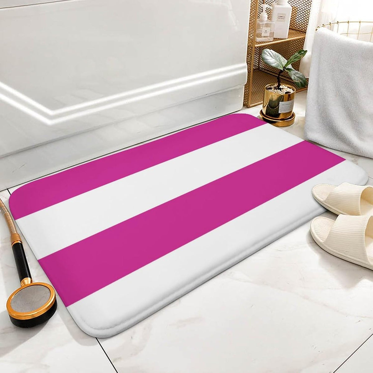 Bright Pink and White Simple Stripes Bathroom Rug, Non Slip & Soft Absorbent Bath Mat Carpets for Bathroom 16" x 24"