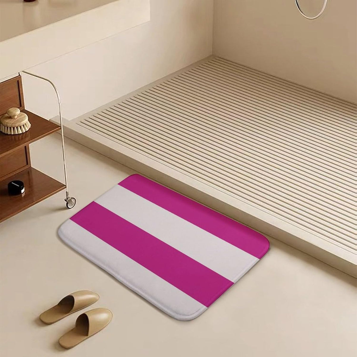Bright Pink and White Simple Stripes Bathroom Rug, Non Slip & Soft Absorbent Bath Mat Carpets for Bathroom 16" x 24"