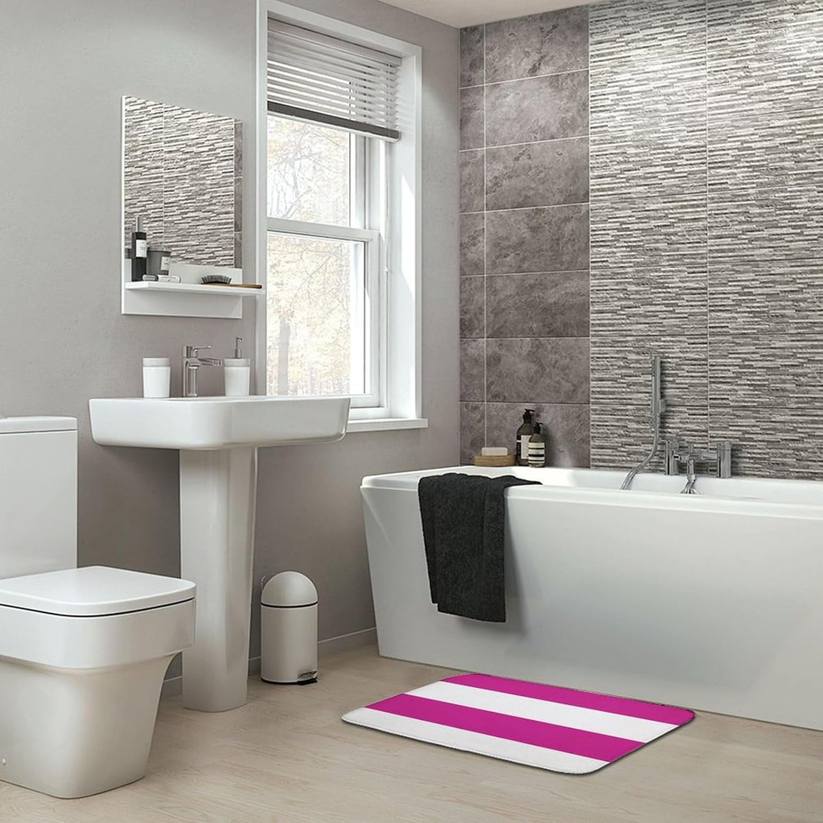 Bright Pink and White Simple Stripes Bathroom Rug, Non Slip & Soft Absorbent Bath Mat Carpets for Bathroom 16" x 24"
