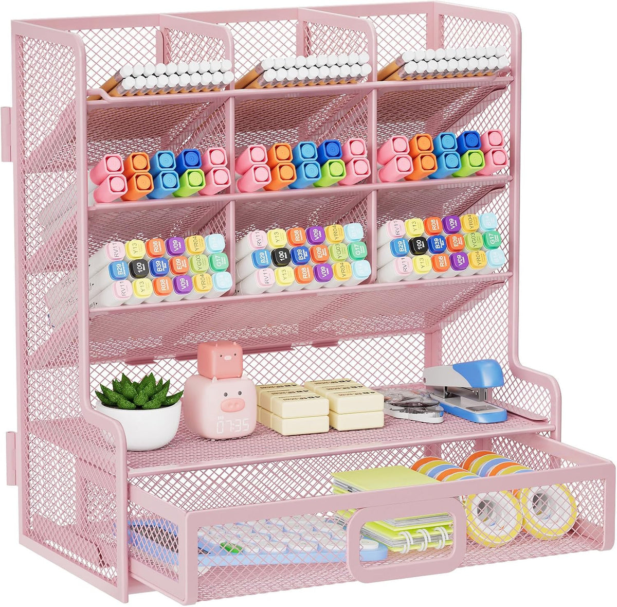 Larger Mesh Desk Organizer with Drawer, Multi-Functional Pen Pencil Holder, Easy Assembly, Desk Organizers and Accessories for Office Art Supplies (Pink)