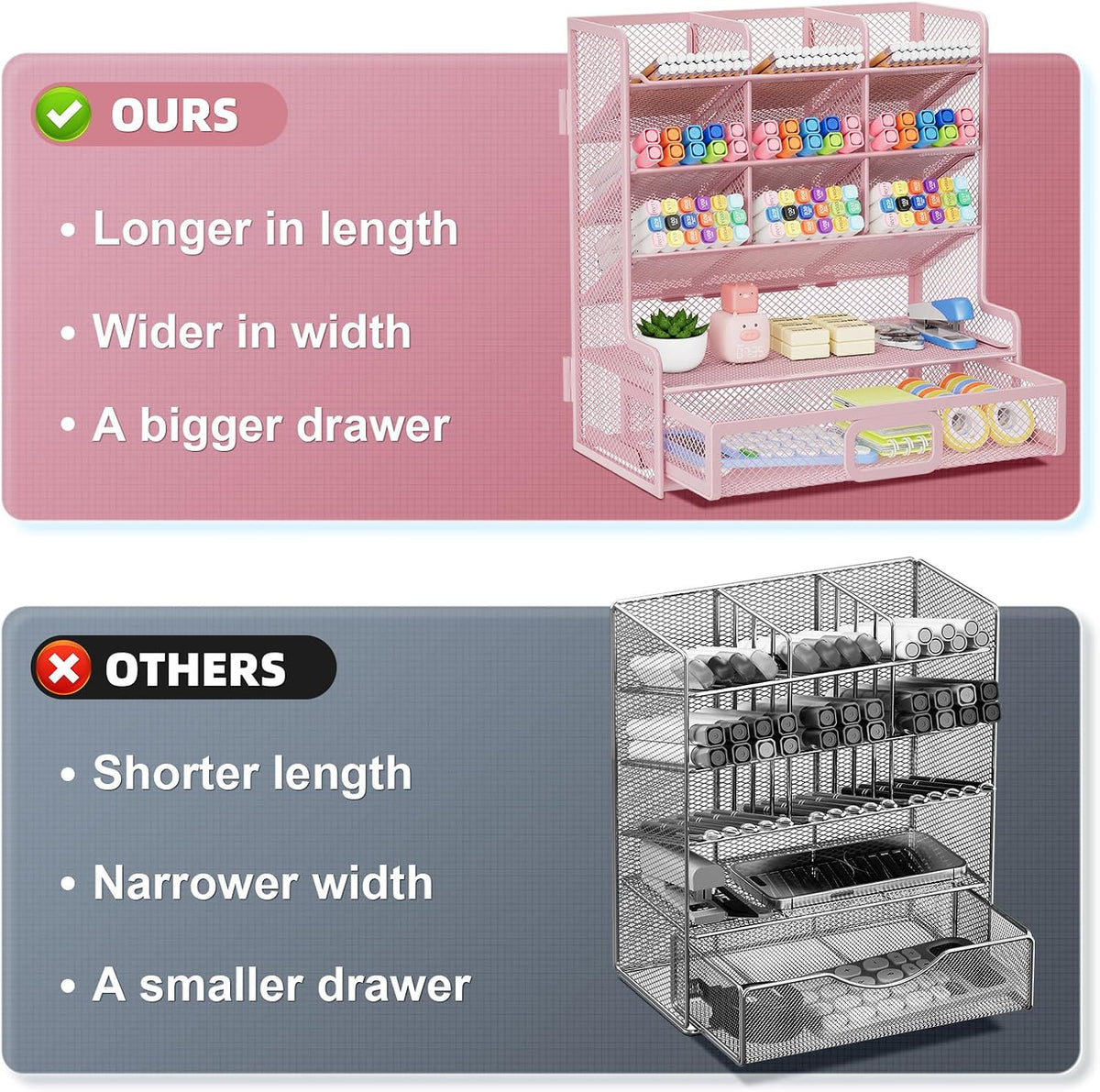 Larger Mesh Desk Organizer with Drawer, Multi-Functional Pen Pencil Holder, Easy Assembly, Desk Organizers and Accessories for Office Art Supplies (Pink)