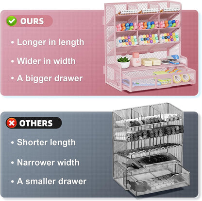 Larger Mesh Desk Organizer with Drawer, Multi-Functional Pen Pencil Holder, Easy Assembly, Desk Organizers and Accessories for Office Art Supplies (Pink)