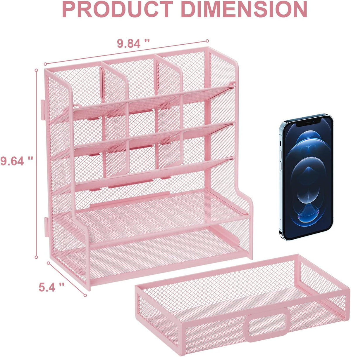 Larger Mesh Desk Organizer with Drawer, Multi-Functional Pen Pencil Holder, Easy Assembly, Desk Organizers and Accessories for Office Art Supplies (Pink)