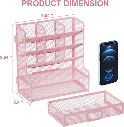Larger Mesh Desk Organizer with Drawer, Multi-Functional Pen Pencil Holder, Easy Assembly, Desk Organizers and Accessories for Office Art Supplies (Pink)