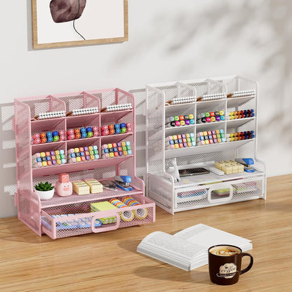 Larger Mesh Desk Organizer with Drawer, Multi-Functional Pen Pencil Holder, Easy Assembly, Desk Organizers and Accessories for Office Art Supplies (Pink)
