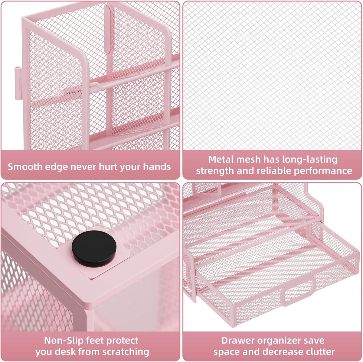 Larger Mesh Desk Organizer with Drawer, Multi-Functional Pen Pencil Holder, Easy Assembly, Desk Organizers and Accessories for Office Art Supplies (Pink)