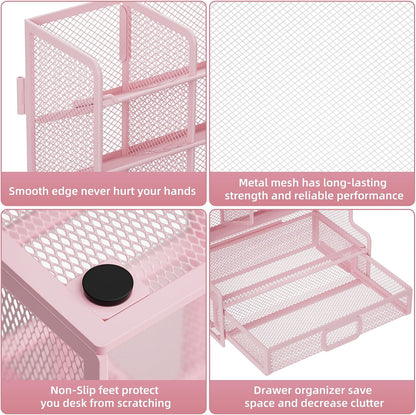 Larger Mesh Desk Organizer with Drawer, Multi-Functional Pen Pencil Holder, Easy Assembly, Desk Organizers and Accessories for Office Art Supplies (Pink)