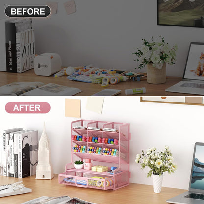 Larger Mesh Desk Organizer with Drawer, Multi-Functional Pen Pencil Holder, Easy Assembly, Desk Organizers and Accessories for Office Art Supplies (Pink)