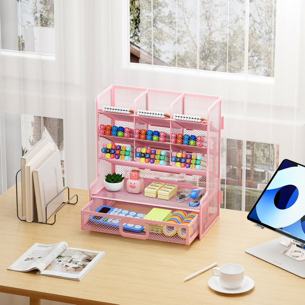 Larger Mesh Desk Organizer with Drawer, Multi-Functional Pen Pencil Holder, Easy Assembly, Desk Organizers and Accessories for Office Art Supplies (Pink)