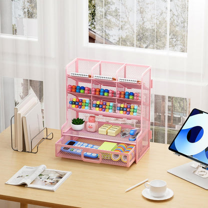 Larger Mesh Desk Organizer with Drawer, Multi-Functional Pen Pencil Holder, Easy Assembly, Desk Organizers and Accessories for Office Art Supplies (Pink)