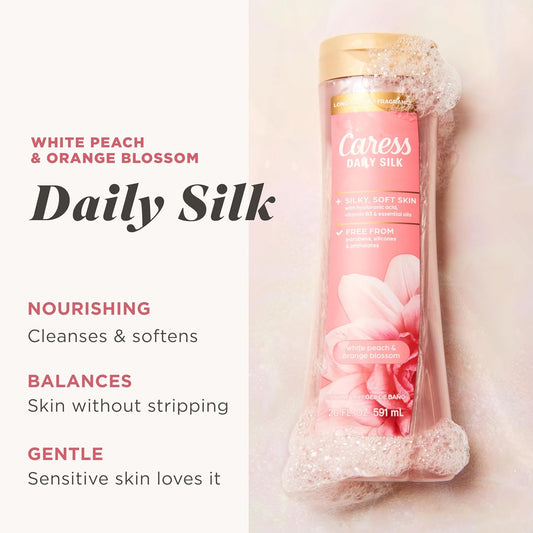 Body Wash for Women, Daily Silk White Peach & Orange Blossom, Shower Gel Body Wash Moisturizing for Noticeably Silky, Soft Skin, 20 fl oz, 4 Pack