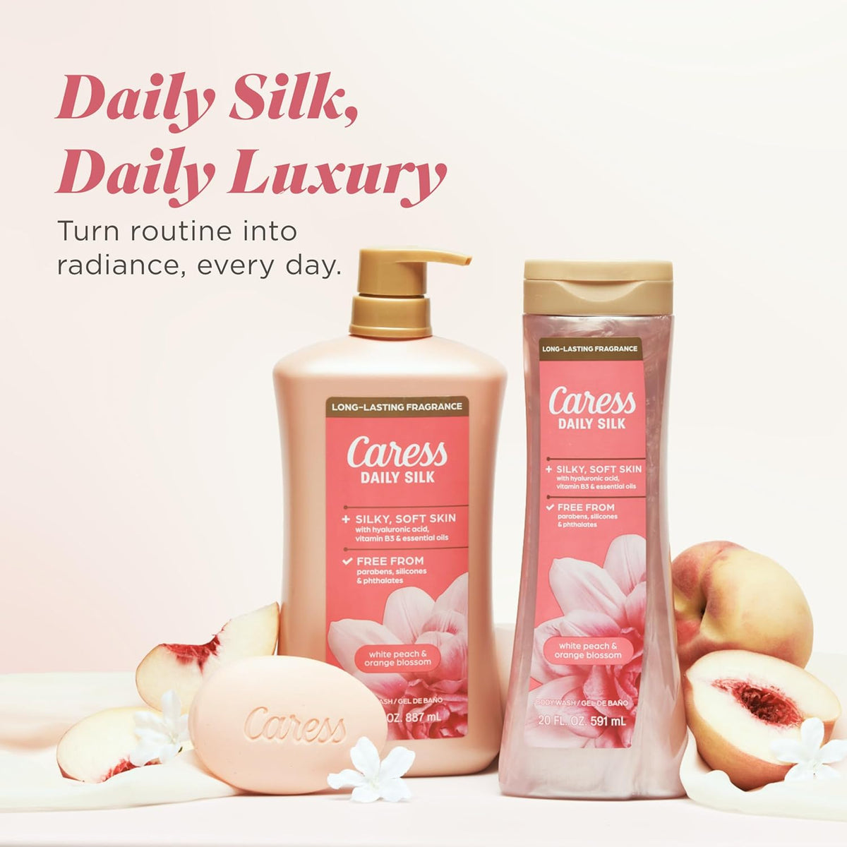 Body Wash for Women, Daily Silk White Peach & Orange Blossom, Shower Gel Body Wash Moisturizing for Noticeably Silky, Soft Skin, 20 fl oz, 4 Pack