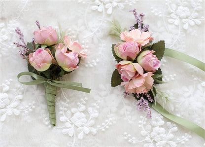 Rose Wedding Wrist Corsage and Boutonniere Set Party Prom Hand Ribbon Flower Suit Decor (Pink)