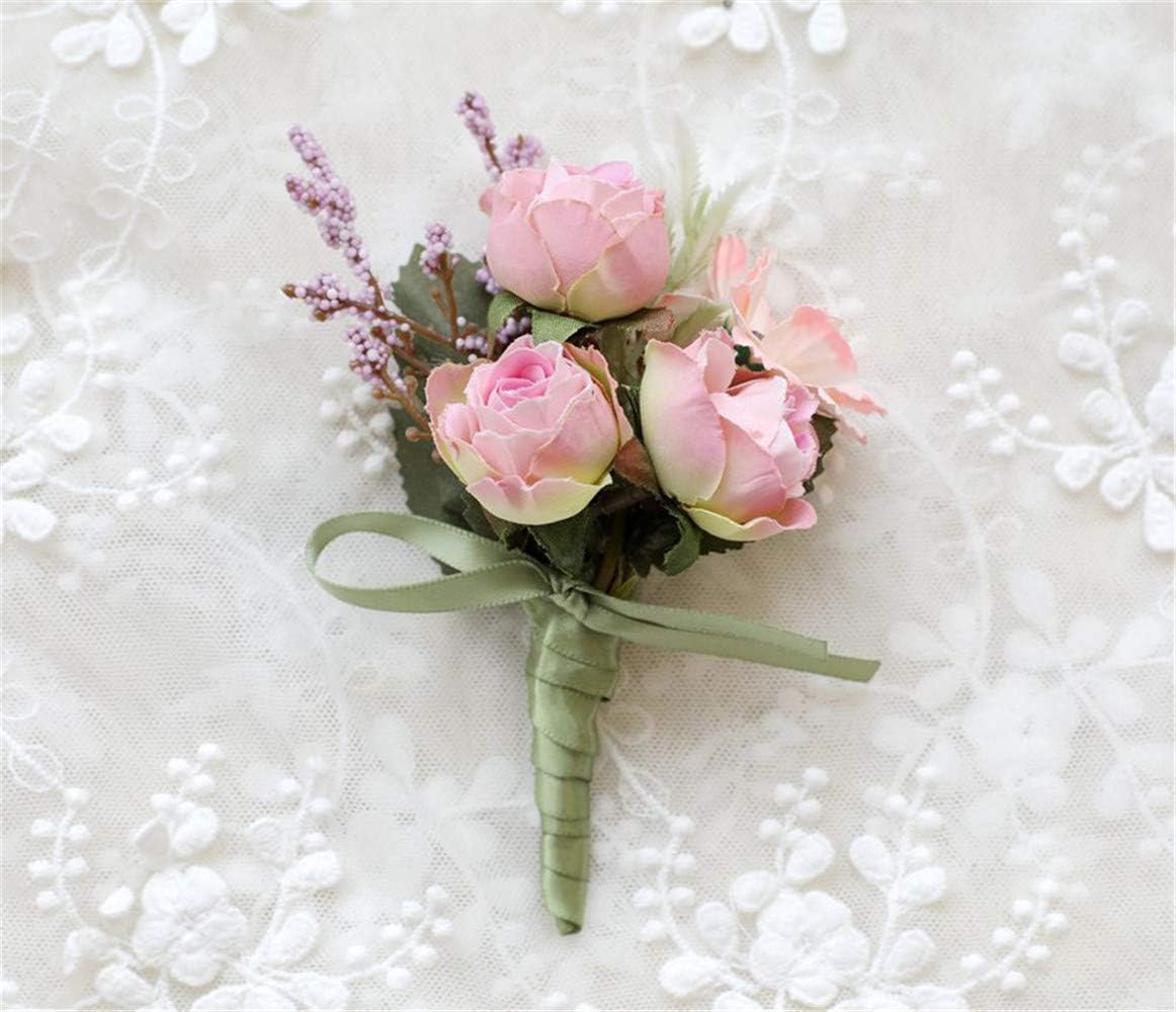 Rose Wedding Wrist Corsage and Boutonniere Set Party Prom Hand Ribbon Flower Suit Decor (Pink)