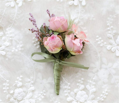 Rose Wedding Wrist Corsage and Boutonniere Set Party Prom Hand Ribbon Flower Suit Decor (Pink)