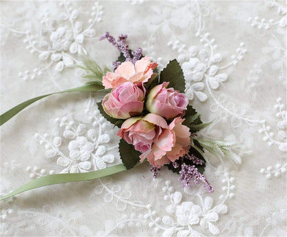Rose Wedding Wrist Corsage and Boutonniere Set Party Prom Hand Ribbon Flower Suit Decor (Pink)