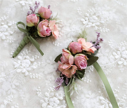 Rose Wedding Wrist Corsage and Boutonniere Set Party Prom Hand Ribbon Flower Suit Decor (Pink)
