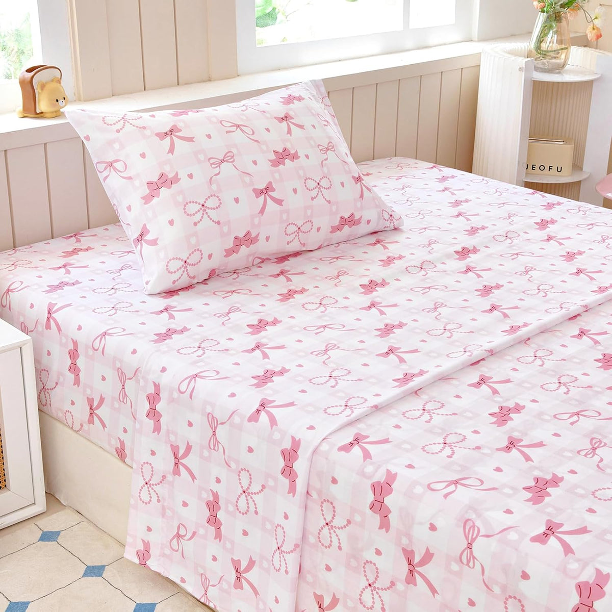 Twin Sheet Set Kids - Pink Check 3 Pieces Soft Microfiber Cartoon Style Bedsheets for Boys Girls Teens, Oeko TEX Breathable 15 Inch Deep Pocket Sheets(Pink Bow)