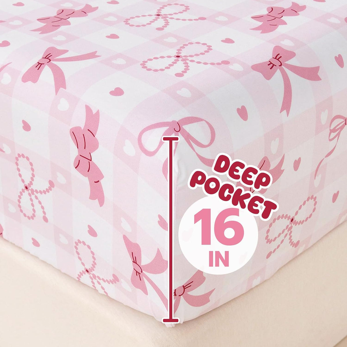 Twin Sheet Set Kids - Pink Check 3 Pieces Soft Microfiber Cartoon Style Bedsheets for Boys Girls Teens, Oeko TEX Breathable 15 Inch Deep Pocket Sheets(Pink Bow)