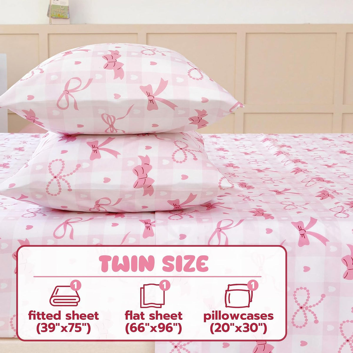Twin Sheet Set Kids - Pink Check 3 Pieces Soft Microfiber Cartoon Style Bedsheets for Boys Girls Teens, Oeko TEX Breathable 15 Inch Deep Pocket Sheets(Pink Bow)