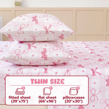 Twin Sheet Set Kids - Pink Check 3 Pieces Soft Microfiber Cartoon Style Bedsheets for Boys Girls Teens, Oeko TEX Breathable 15 Inch Deep Pocket Sheets(Pink Bow)