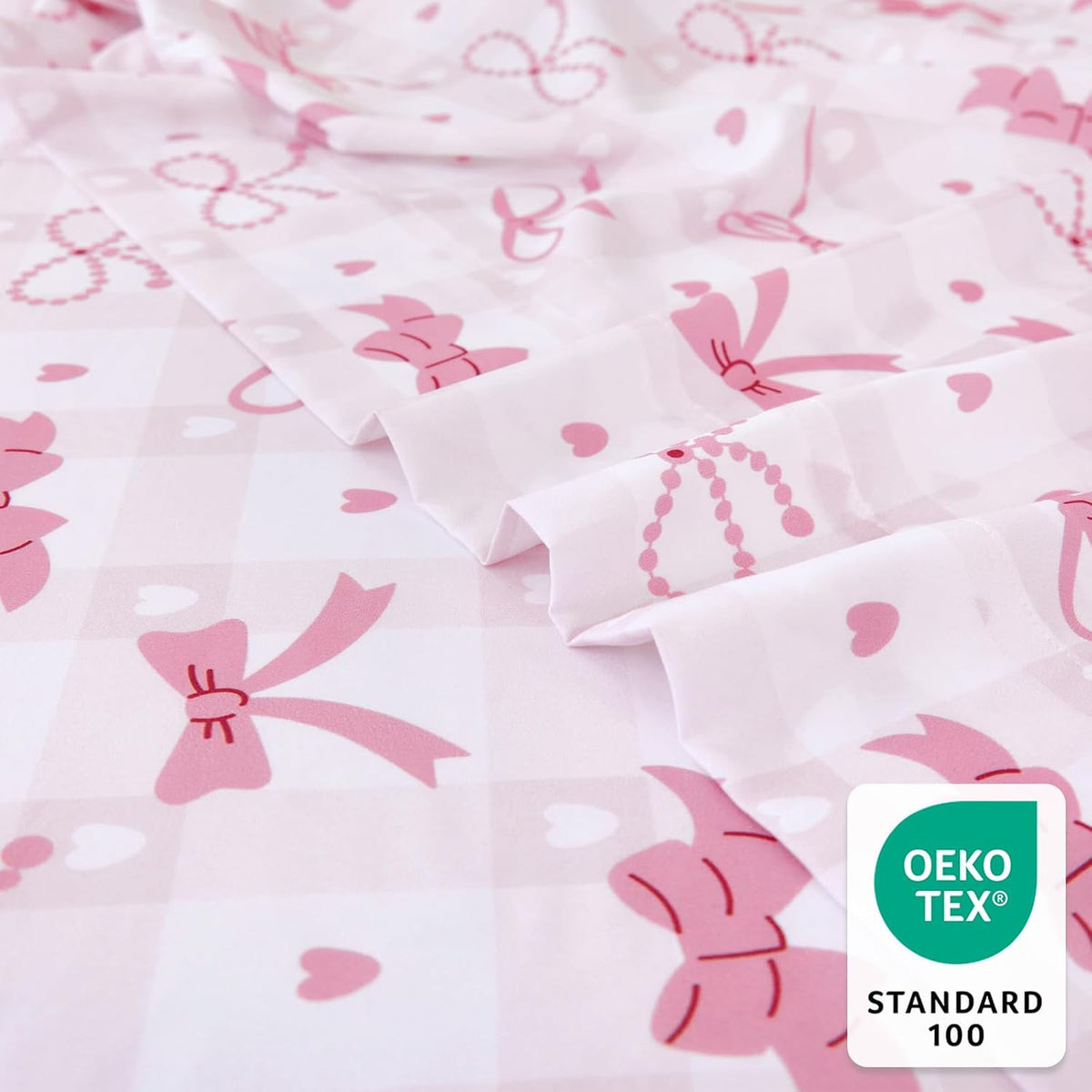 Twin Sheet Set Kids - Pink Check 3 Pieces Soft Microfiber Cartoon Style Bedsheets for Boys Girls Teens, Oeko TEX Breathable 15 Inch Deep Pocket Sheets(Pink Bow)
