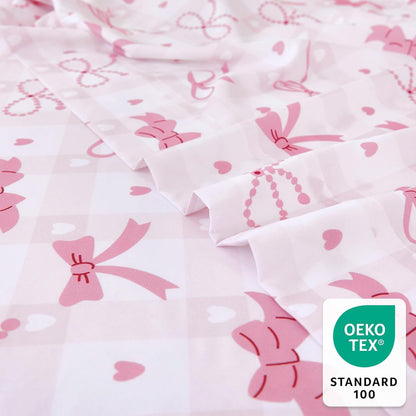 Twin Sheet Set Kids - Pink Check 3 Pieces Soft Microfiber Cartoon Style Bedsheets for Boys Girls Teens, Oeko TEX Breathable 15 Inch Deep Pocket Sheets(Pink Bow)