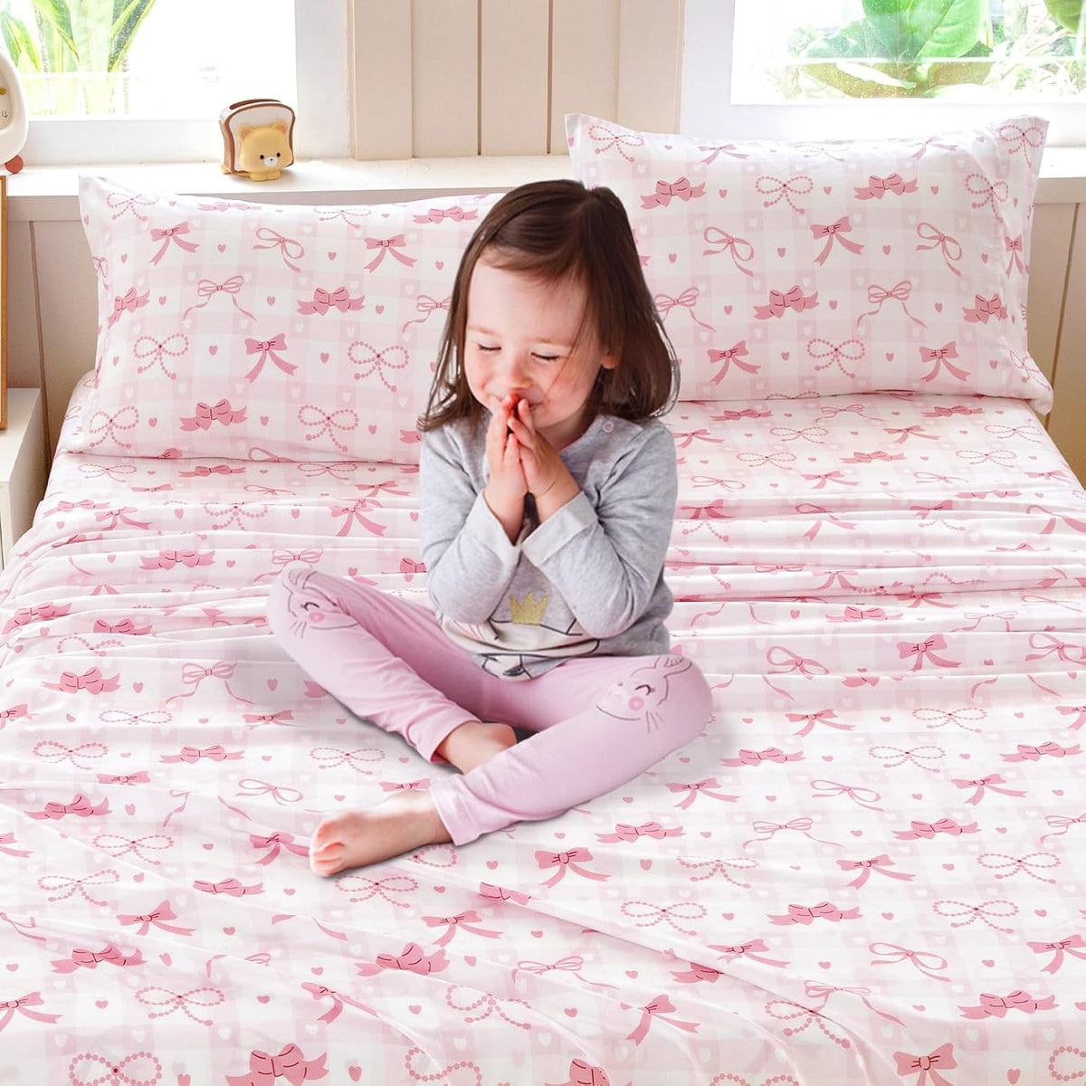 Twin Sheet Set Kids - Pink Check 3 Pieces Soft Microfiber Cartoon Style Bedsheets for Boys Girls Teens, Oeko TEX Breathable 15 Inch Deep Pocket Sheets(Pink Bow)