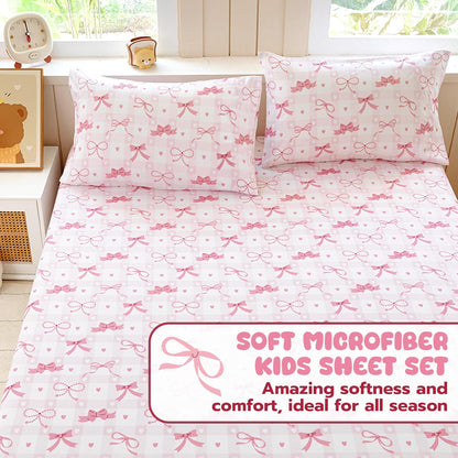 Twin Sheet Set Kids - Pink Check 3 Pieces Soft Microfiber Cartoon Style Bedsheets for Boys Girls Teens, Oeko TEX Breathable 15 Inch Deep Pocket Sheets(Pink Bow)
