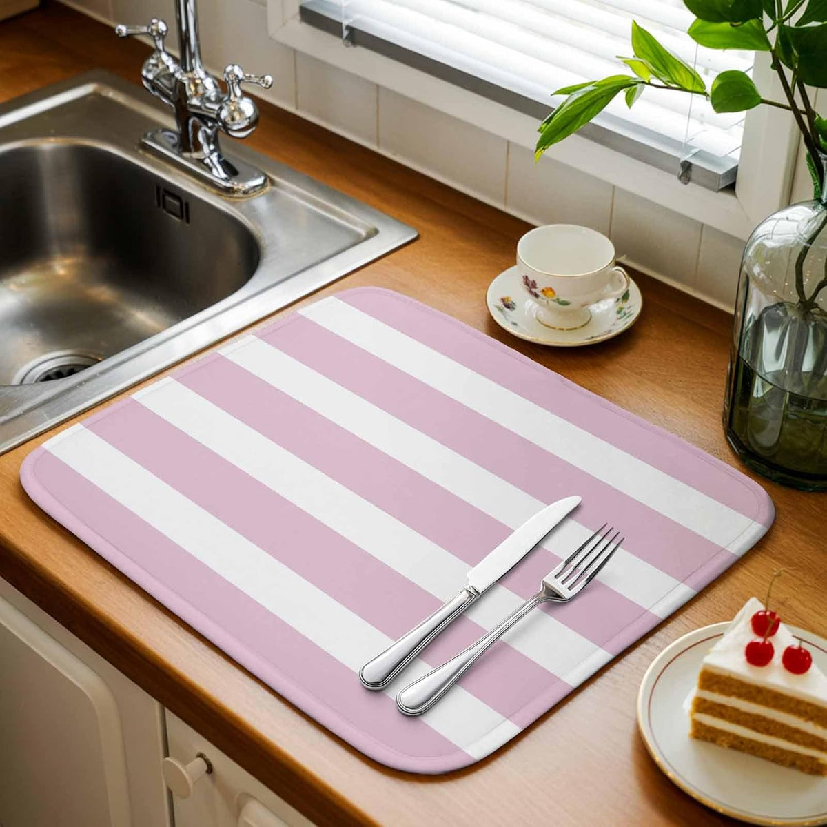 Modern Striped Lines Dish Drying Mat,16"18",Pink and White Super Absorbent Kitchen Mats Dish Drying Pad for Kitchen Counter