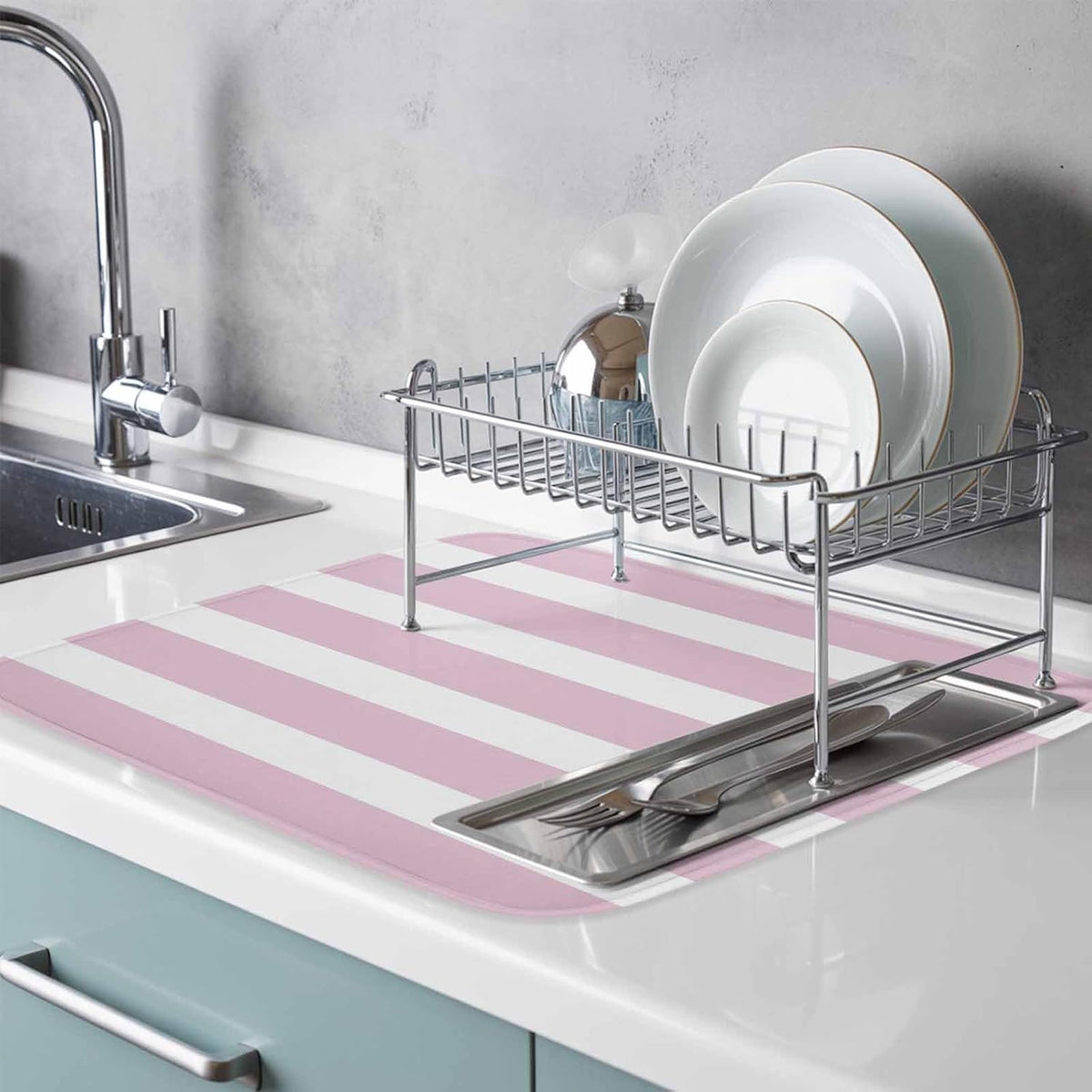 Modern Striped Lines Dish Drying Mat,16"18",Pink and White Super Absorbent Kitchen Mats Dish Drying Pad for Kitchen Counter