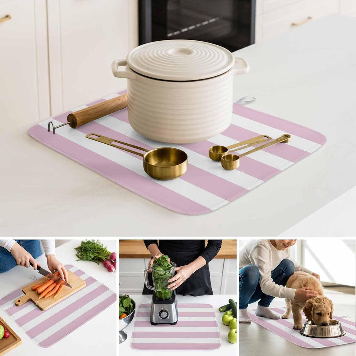 Modern Striped Lines Dish Drying Mat,16"18",Pink and White Super Absorbent Kitchen Mats Dish Drying Pad for Kitchen Counter