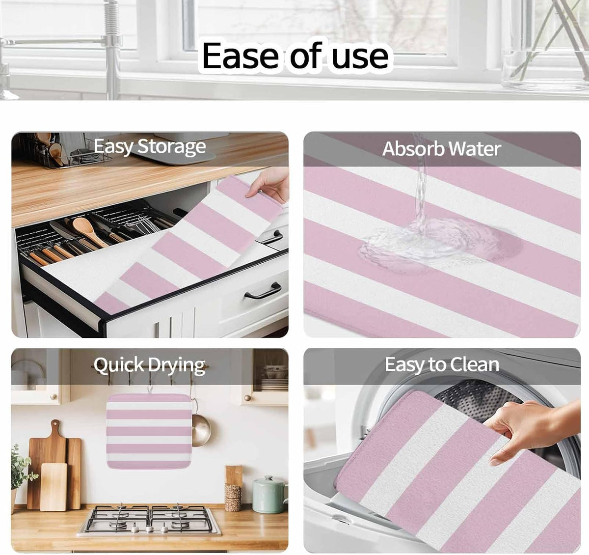 Modern Striped Lines Dish Drying Mat,16"18",Pink and White Super Absorbent Kitchen Mats Dish Drying Pad for Kitchen Counter
