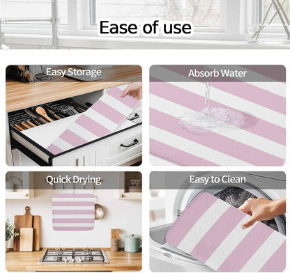 Modern Striped Lines Dish Drying Mat,16"18",Pink and White Super Absorbent Kitchen Mats Dish Drying Pad for Kitchen Counter