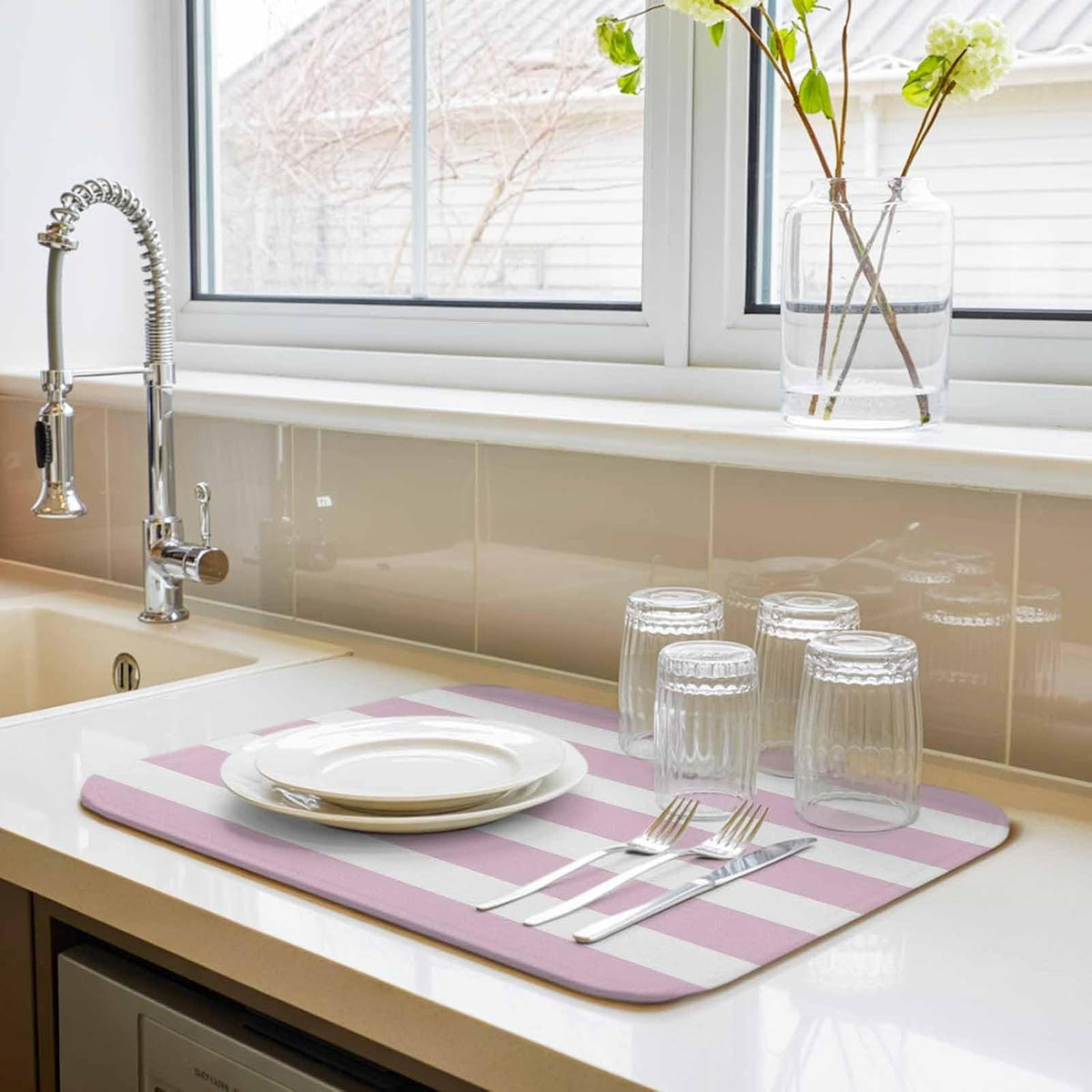 Modern Striped Lines Dish Drying Mat,16"18",Pink and White Super Absorbent Kitchen Mats Dish Drying Pad for Kitchen Counter