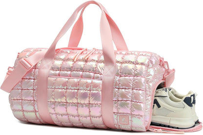 Quilted Duffel Bag for Women, Puffer Gym Duffle Bag with Shoe Compartment Lightweight Large Crossbody Sport Travel Bag Tote Pink Abalone