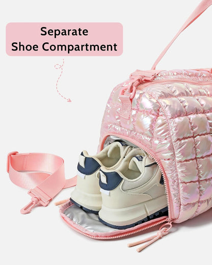Quilted Duffel Bag for Women, Puffer Gym Duffle Bag with Shoe Compartment Lightweight Large Crossbody Sport Travel Bag Tote Pink Abalone