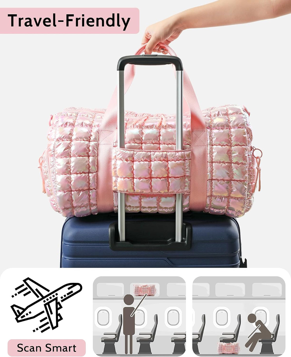 Quilted Duffel Bag for Women, Puffer Gym Duffle Bag with Shoe Compartment Lightweight Large Crossbody Sport Travel Bag Tote Pink Abalone