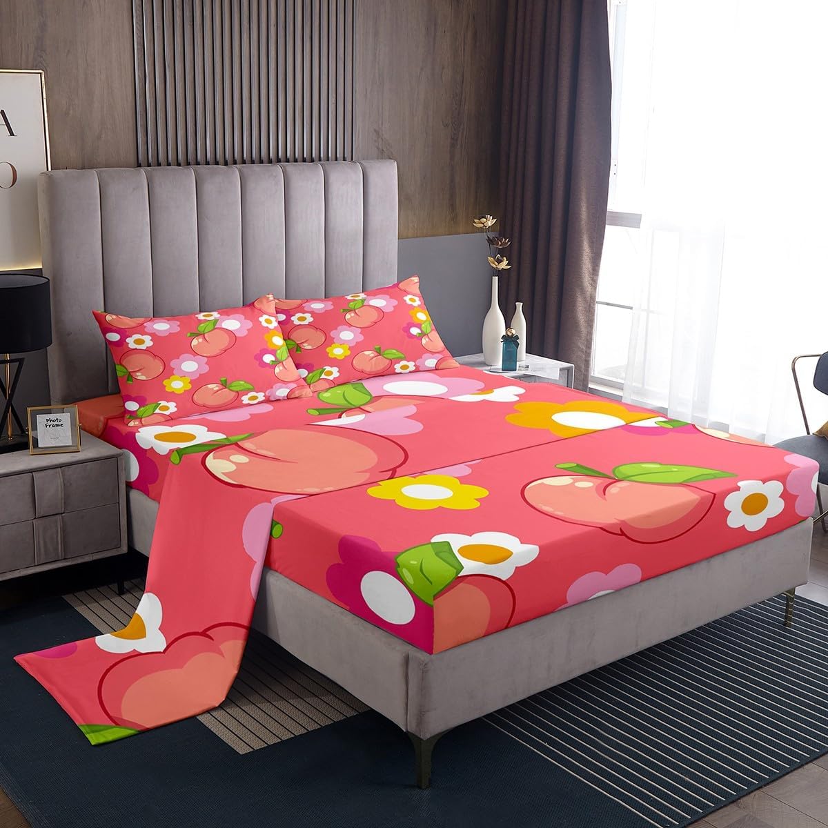 Fruit Fitted Sheet Queen Size Kids Peach Bedding Set for Boys Girls Teens Dark Pink Bed Sheets Set