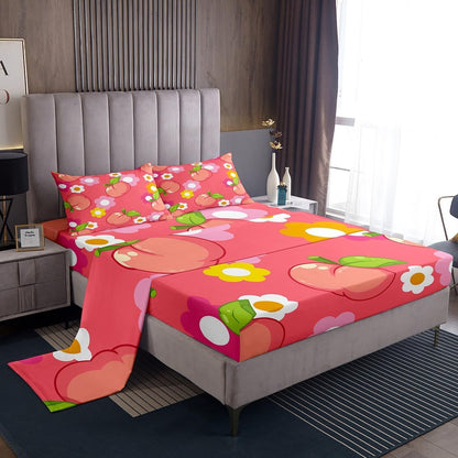 Fruit Fitted Sheet Queen Size Kids Peach Bedding Set for Boys Girls Teens Dark Pink Bed Sheets Set