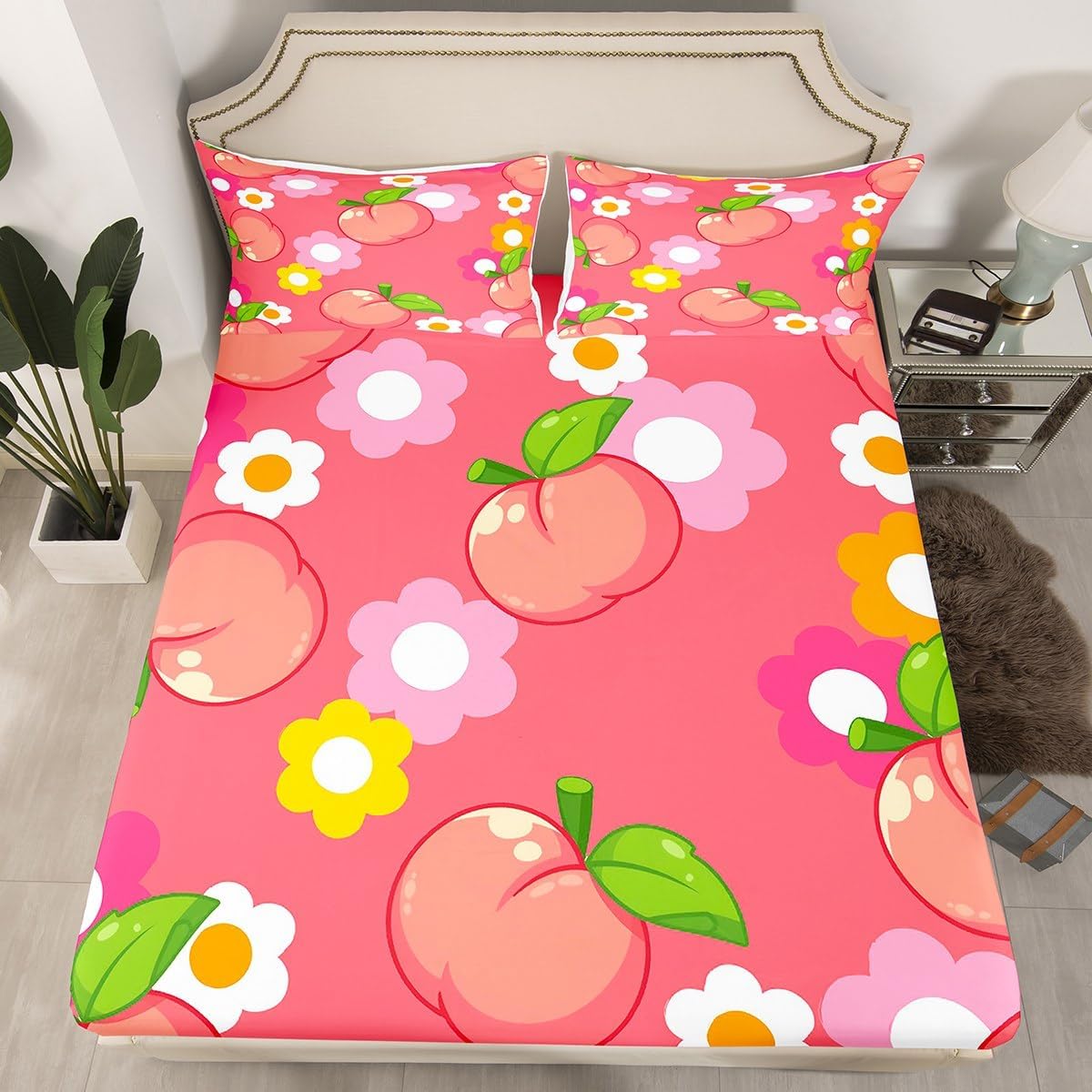 Fruit Fitted Sheet Queen Size Kids Peach Bedding Set for Boys Girls Teens Dark Pink Bed Sheets Set