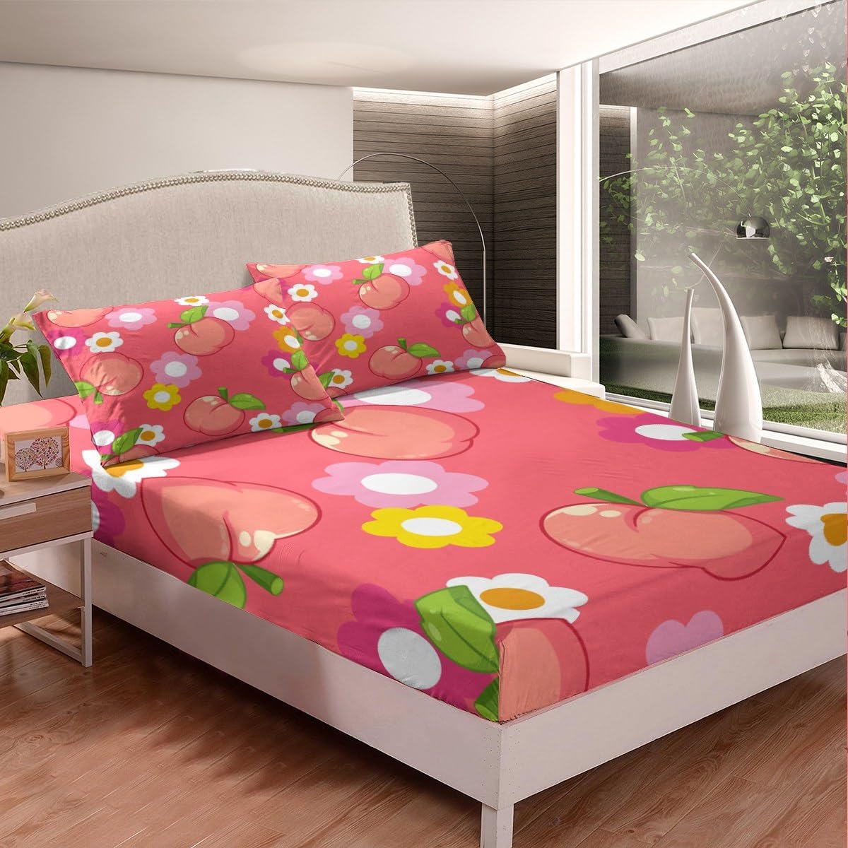 Fruit Fitted Sheet Queen Size Kids Peach Bedding Set for Boys Girls Teens Dark Pink Bed Sheets Set