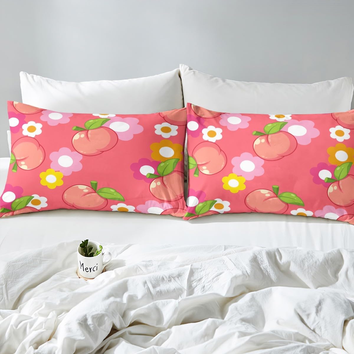 Fruit Fitted Sheet Queen Size Kids Peach Bedding Set for Boys Girls Teens Dark Pink Bed Sheets Set