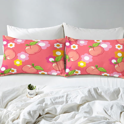 Fruit Fitted Sheet Queen Size Kids Peach Bedding Set for Boys Girls Teens Dark Pink Bed Sheets Set