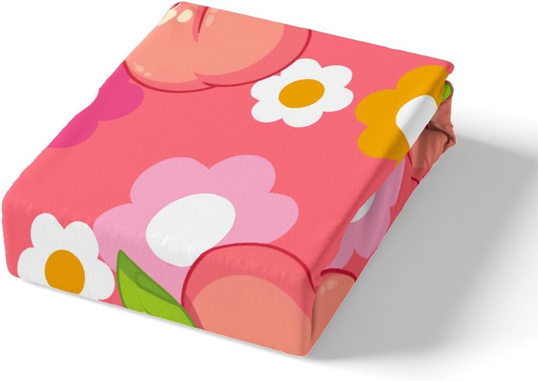 Fruit Fitted Sheet Queen Size Kids Peach Bedding Set for Boys Girls Teens Dark Pink Bed Sheets Set