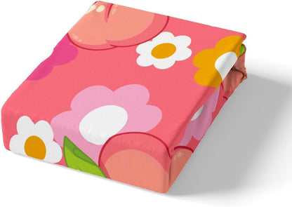 Fruit Fitted Sheet Queen Size Kids Peach Bedding Set for Boys Girls Teens Dark Pink Bed Sheets Set