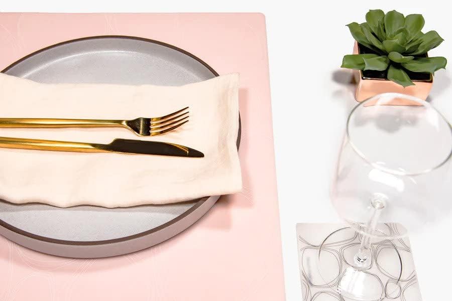 Set of 4-14 x 16 Placemats and Set of 4-4 x 4 Coasters, Silicone, BPA, PVC-Free, Dishwasher Safe, Pebbles Print in Blush