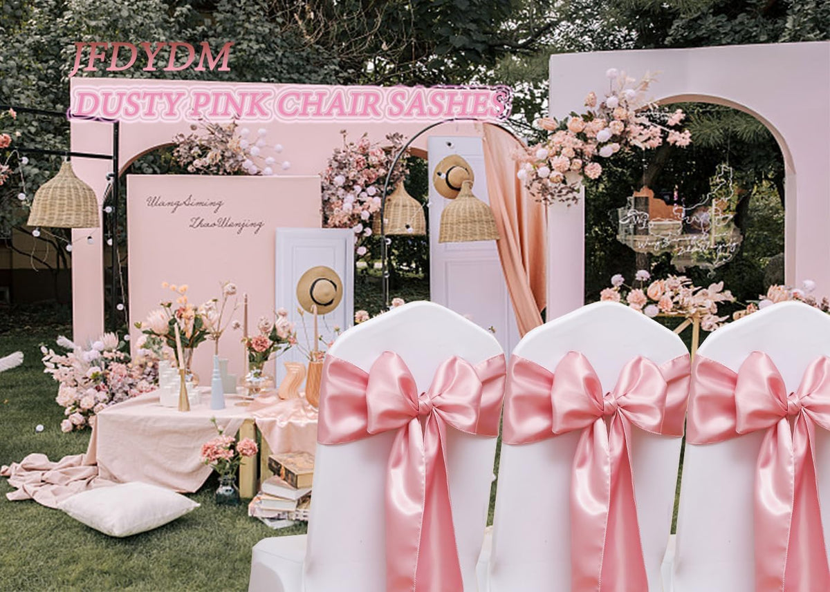 50 Pack Dusty Pink Chair Sashes, Satin Bows for Chairs for Birthday Wedding Party Gender Reveal Decor, Dusty Pink Chair Bows Sashes, Romantic Chairs Ribbons Ties