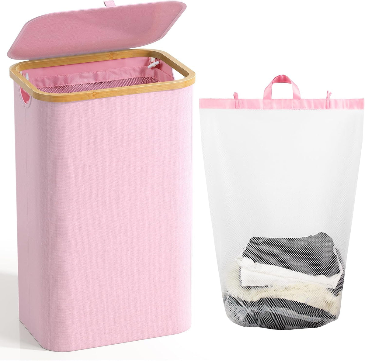 Laundry Hamper with Lid, Laundry Basket with Removable Bag, Pink